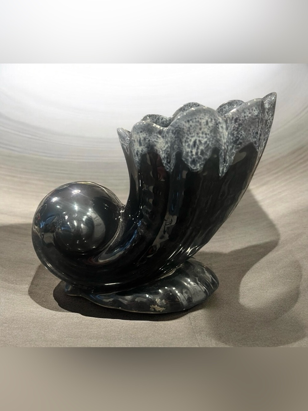vintage Anna Van Briggle ceramic cornucopia with a snail detail Vase.